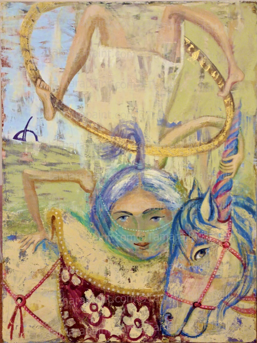 Acrobat girl riding a horse in the circus .This art piece made by Tamara Rigishvili Studio with huge amount of soul and emotion. It is authentic  original painting. The piece is created with oil paint on artistic canvas using Tamara Rigishvili's unique technique of a palette knife. The artwork has a lot of texture, you can feel the strokes by touching this painting, original work, oil, canvas, modern, varnished, tamarasicons