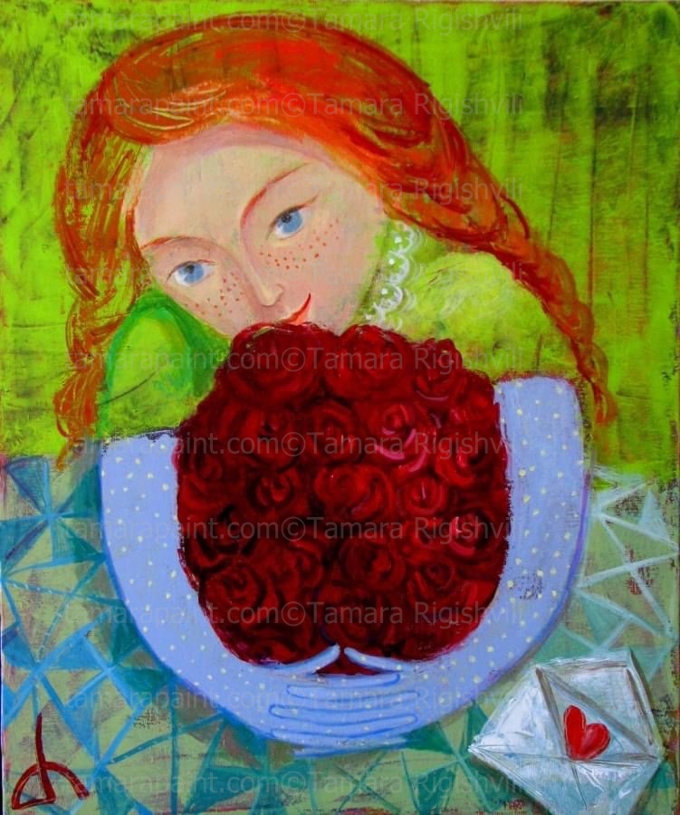 Romantic, Girl got roses with Love letter, Click To Enlarge, original oil painting by artist Tamara Rigishvili abstract, modern, contemporary fine art, painting by artist Tamara Rigishvili