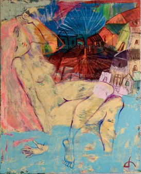 titian's Venus of Urbino set the standard of beauty for centuries. While she bears the name of the Roman goddess of love, she lacks the traditional symbols of the deity, instead she's unashamedly erotic, THIS IS MODERN vENUS IN URBAN environment, original oil painting by artist Tamara Rigishvili abstract, modern, contemporary fine art, painting by artist Tamara Rigishvili