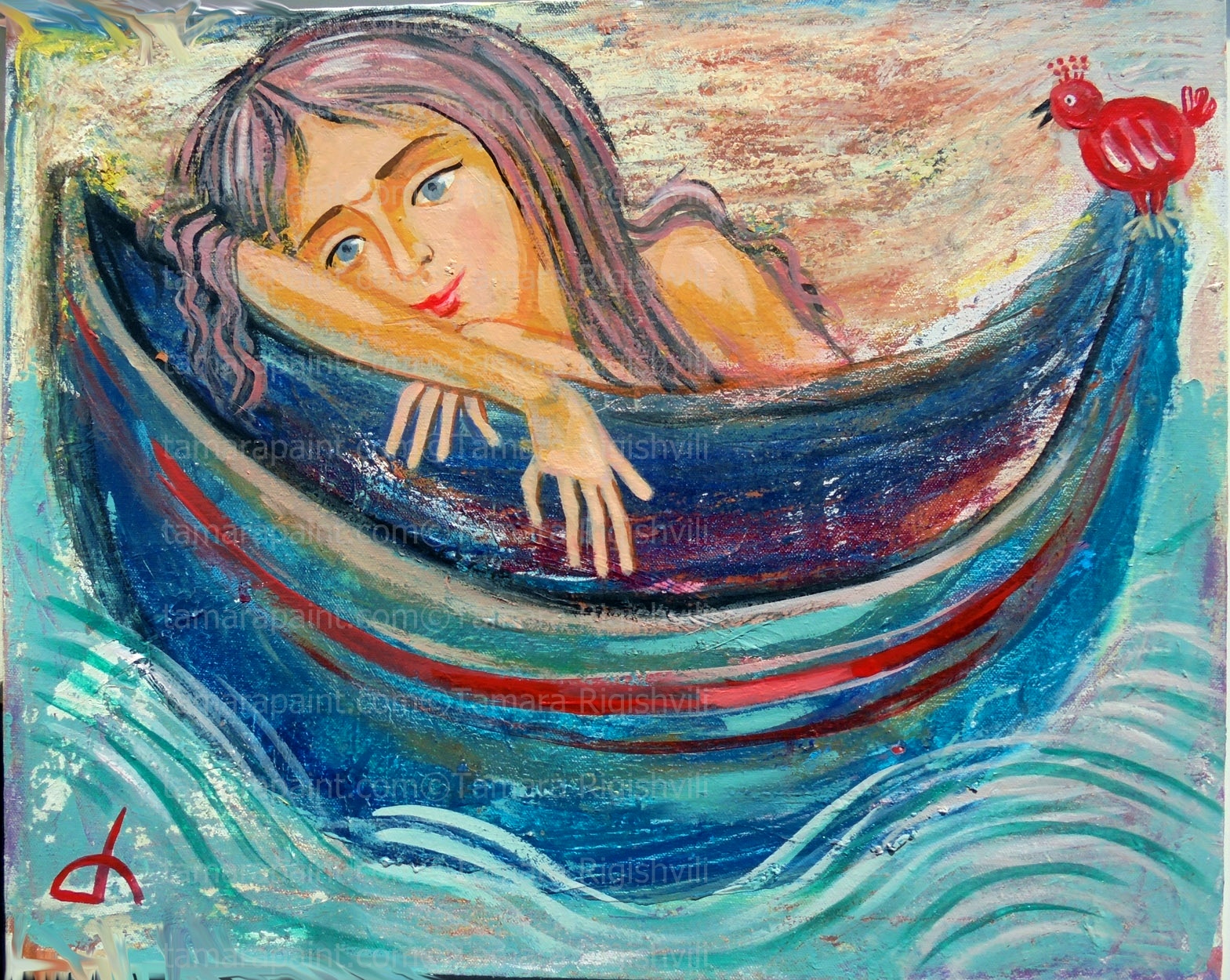 Sailor Girl is drifting in her dreams, she has lot of adventures and little red bird is alwayes with her,  Artwork  by artist Tamara Rigishvili 