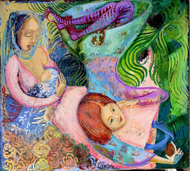 Girl lying on a green grass with smartphone and making selfie. Young woman relaxing in summer park, with mother and little sister, concept of leisure on nature,  Discover the intricate details and symbolism behind this stunning piece , original oil painting by artist Tamara Rigishvili abstract, modern, contemporary fine art
