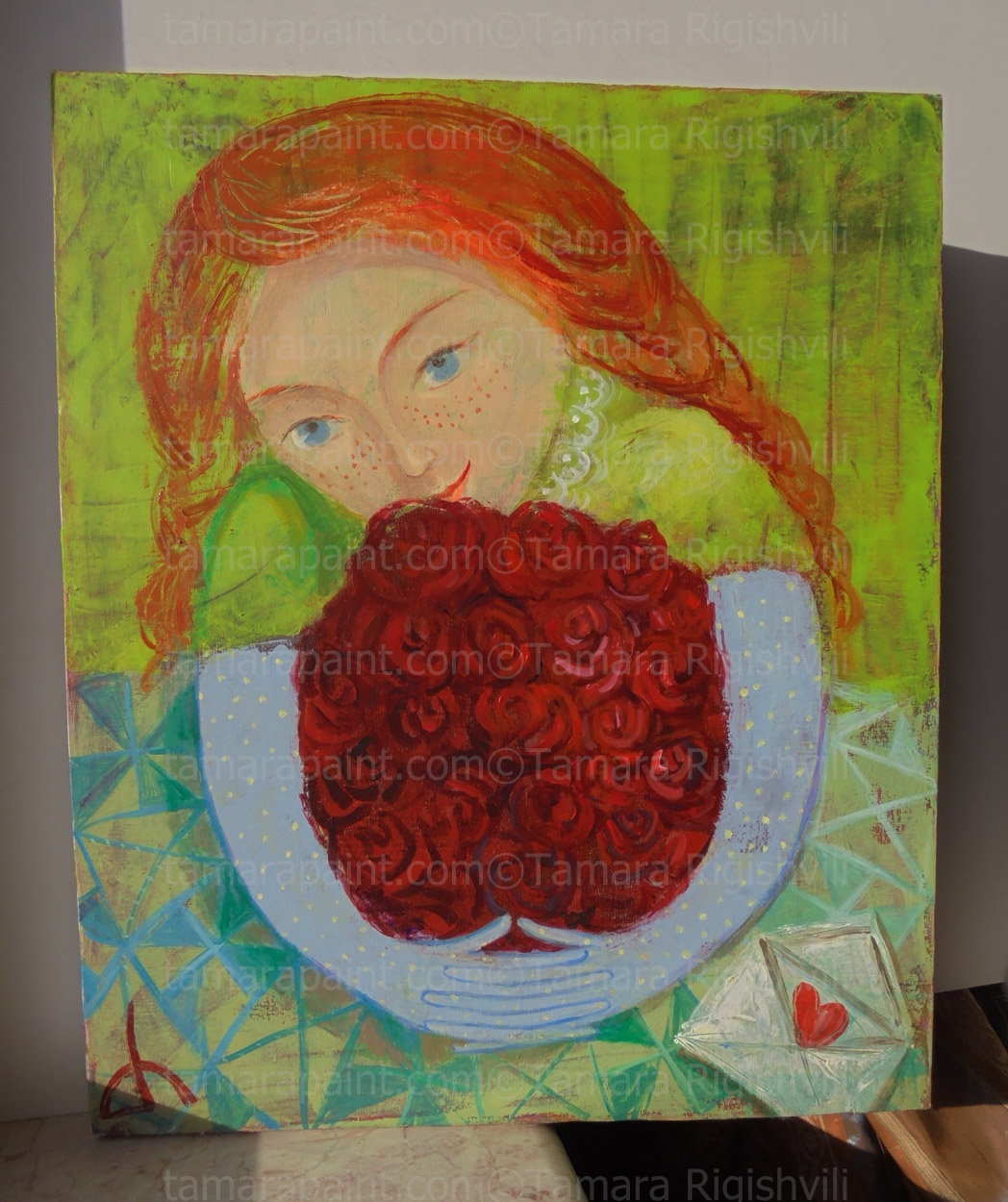 Girl with roses, original work, oil, canvas, modern, varnished, Tamara Rigishvili, tamarasicons