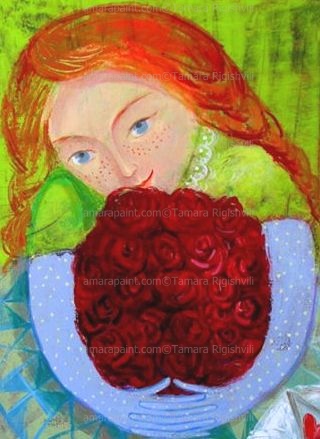 modern oil painting on canvas,Girl is happy, just gor red flowers with letter in it, Tamara Rigishvili,Tamarasicons