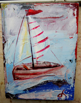 single deserted boat in the sea, original oil painting by artist Tamara Rigishvili abstract, modern, contemporary fine art, painting by artist Tamara Rigishvili