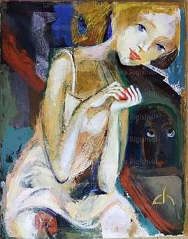 Shes Got Presents, love story, young girl got a gift from her friend, original oil painting by artist Tamara Rigishvili abstract, modern, contemporary fine art, painting by artist Tamara Rigishvili