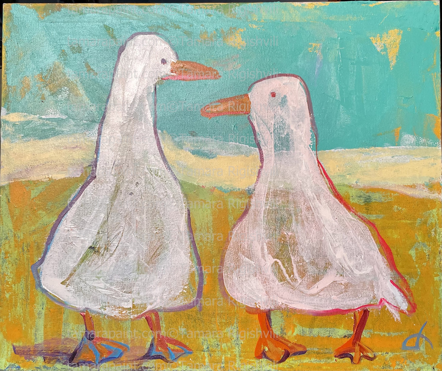  Global warming is the unusually rapid increase in Earth's average surface temperature over the past century primarily due to the greenhouse effect, so this two poor little friend Ducks are nervous about upcoming climate surprises, Artwork  by artist Tamara Rigishvili 