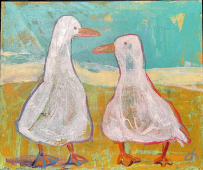 Two duck friends, just walking on the beach, discussing upcoming events on Global warming, Vital Signs of the Planet: Global Climate Change and Global Warming, original oil painting by artist Tamara Rigishvili abstract, modern, contemporary fine art, painting by artist Tamara Rigishvili