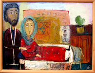 elder family members, who only survived, woman is sick and husbend is supporting and comforting her,
 captures people and individuals in a family, which can include parents, their children, grandchildren, aunts, uncles, and cousins, original oil painting by artist Tamara Rigishvili abstract, modern, contemporary fine art