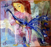 Girl Blue Bird, Blue Birds & Girl, Girl with Blue Bird, The Bluebird Girl, original oil painting by artist Tamara Rigishvili abstract, modern, contemporary fine art
