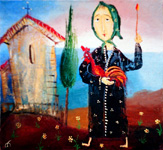 Old woman brings her rooster to the church and giving it as a sacrifice to god, old tradition in christian countries,  original oil painting by artist Tamara Rigishvili abstract, modern, contemporary fine art
