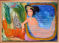  Heat waves broke temperature records around the world, Girl taking bath in hot summer, patting her Fox, original oil painting by artist Tamara Rigishvili abstract, modern, contemporary fine art