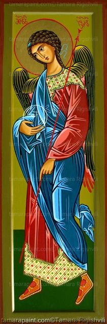 Second Wing of a Triptych: The Archangel Gabriel with the universe in hand, known for the delivering of messages from God to man, Gabriel is a Archangel and the Fourth Angel, His name means: God is my strength and is known to be the Left Hand of God and the embodiment of the Holy Spirit, in contrast to Archangel Michael who is the Right Hand of God, Author Tamara Rigishvili, Icon by Tamara Rigishvili