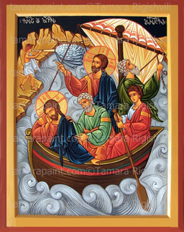 Calming the storm, Sea of Galilee, Do you still have no faith? Natural Materials, Materials: linseed oil, gold leaf, gesso, lacquer protective, mineral pigments, lime board, egg tempera, completely handmade, the icon has painted on traditional Academic iconography style,  Orthodox icon by Iconographer Tamara Rigishvili 