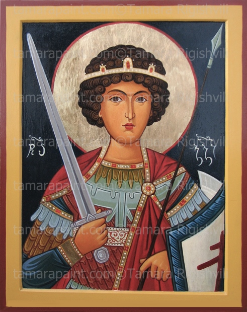 St. George with Ascalon, lance or sword and Spear, Military Uniform and Mantle Cape, Ribbon, by Iconpainter Tamara Rigishvili
