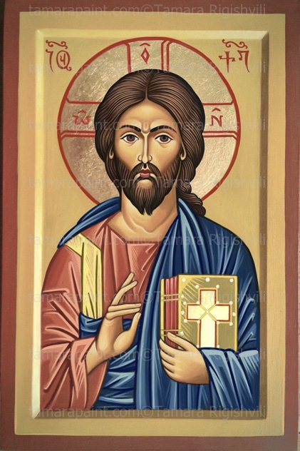Jesus Christ
Savior
Holy figure
Divine representation
Church art
Religious iconography
Christian icon by Iconographer Tamara Rigishvili