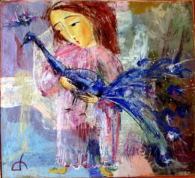Girl with a bird, original oil painting by artist Tamara Rigishvili(  abstract, modern, contemporary fine art)