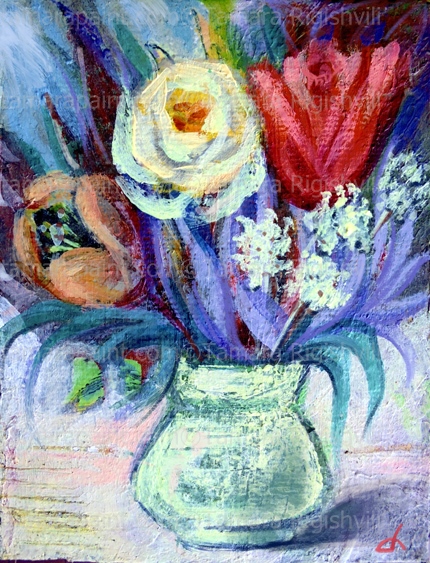 A beautiful design trend,  the combination of flowes, flower bouquets in the vaze, Artist Tamara Rigishvili abstract, modern, contemporary fine art, 