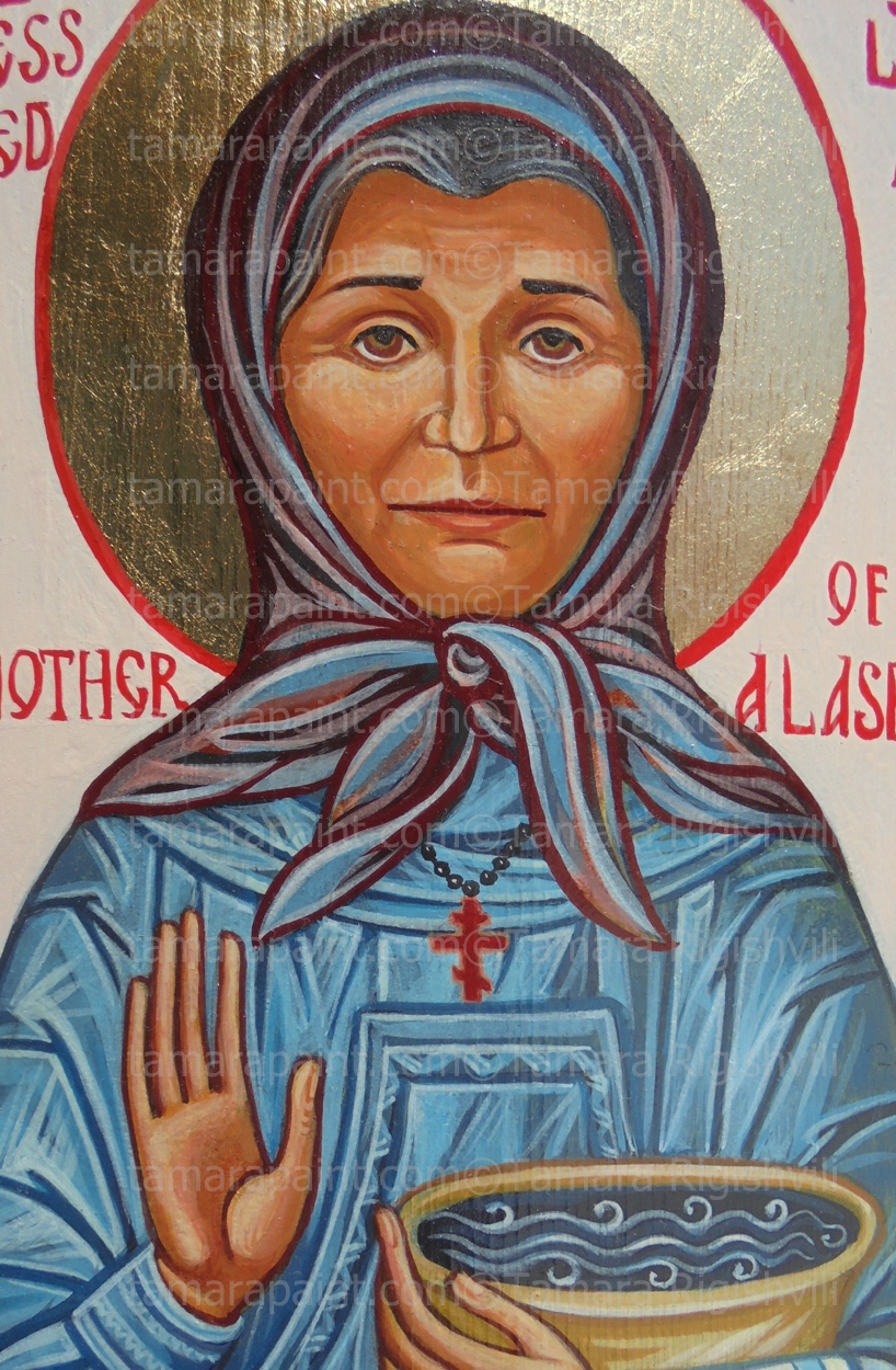 On 3 of February 1916, a girl Arrsamquq was born into an indigenous Alaskan family of Yupik origin. The presence of the Russian mission in her community helped spread the faith among the locals, and she was among the first to be baptised as an infant. She accepted the name Olga. She lived with the love of God. She was hard working and prayed a lot for her family and her fellow villagers. By her teenage years, she already knew many liturgical hymns in the church Slavonic and Yupik languages, Detail, original icon painting by artist Tamara Rigishvili
