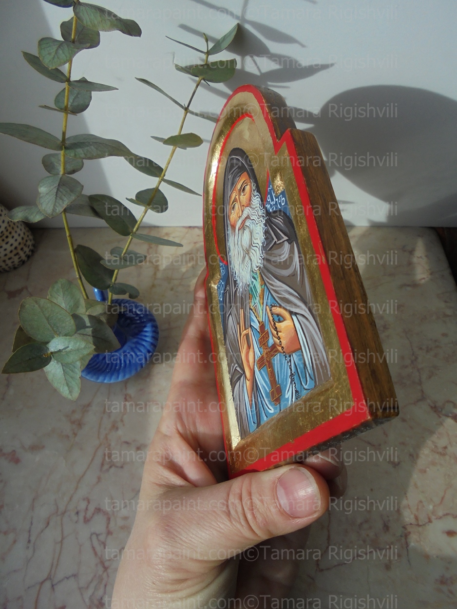 Technique: tempera on wood, gilding

Materials: tempera, gold leaf, wood panel, varnish, hand painted orthodox wood icon Saint Reverend Gabriel Urgebadze,Eastern Orthodox religious painting canons, original icon painting by artist Tamara Rigishvili