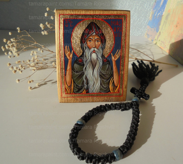 Macarius of Egypt c. 300 – 391, Christian monk and grazer hermit, Macarius the Elder, Macarius the Great, St. Abba Macarius the Great, disciple of St. Anthony the Great, Coptic Orthodox Monastery of St. Macarius the Great lies in Wadi Natrun, Holy Hermit Macarius of Egypt, Icon by Tamara Rigishvili