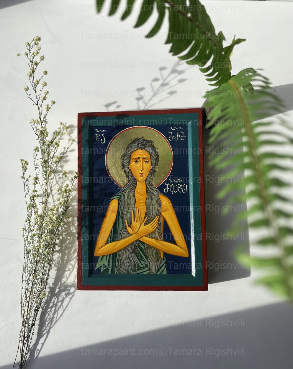Mary of Egypt, Egyptian grazer saint, highly venerated as a Desert Mother in the Eastern Orthodox and Coptic Churches, She became a prostitute and a beggar, to sustain herself. She went on a pilgrimage to the Church of the Holy Sepulchre and had a conversation after hearing the voice of the Blessed Virgin Mary. She became a hermit in the desert , Icon by Tamara Rigishvili
