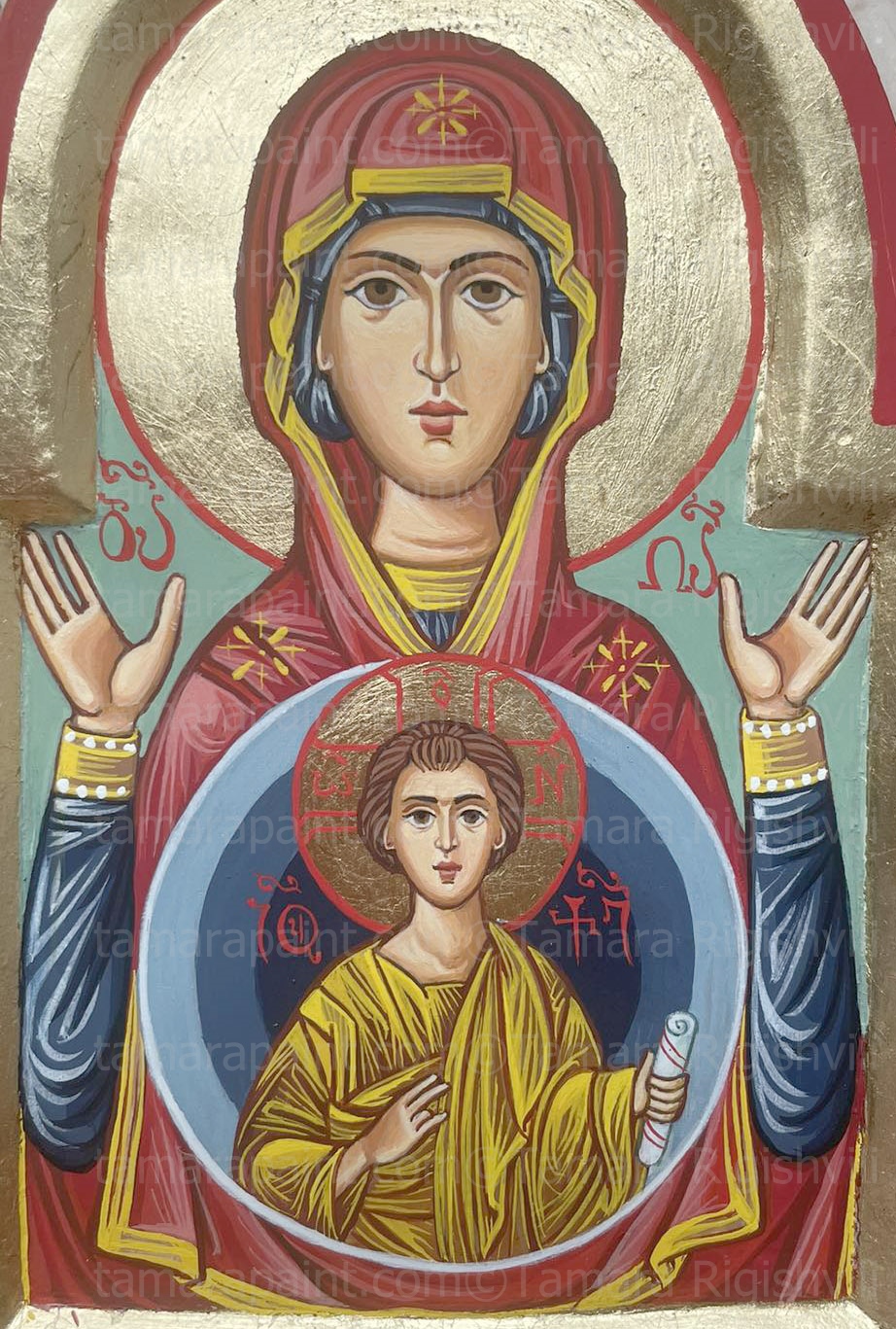 Detail, icon Oranta, Orans, The Sign, First depicted in the catacombs of the early church, this particular icon is known as Oranta, which in Latin means prayer, Behold a virgin shall conceive, and bear a son, and his name shall be called Emmanuel, original icon painted by artist Tamara Rigishvili