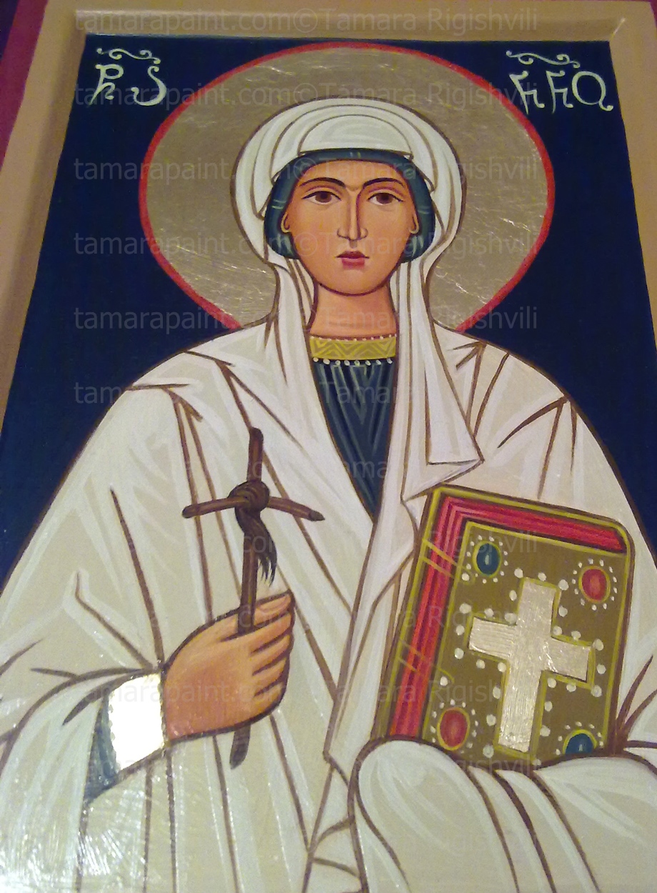 According to legend, she performed miraculous healings and converted the Georgian queen Nana, and the king Mirian III of Iberia, who blinded on a hunting trip, found his way only after he prayed to Nino's God, he declared Christianity as the official religion of his kingdom c. 327,St. Nino continued her missionary activities until her death., original icon painting by artist Tamara Rigishvili